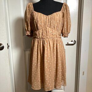 Abercrombie & Fitch Tan Polka Dot Ruched Puff Sleeve Mini Dress